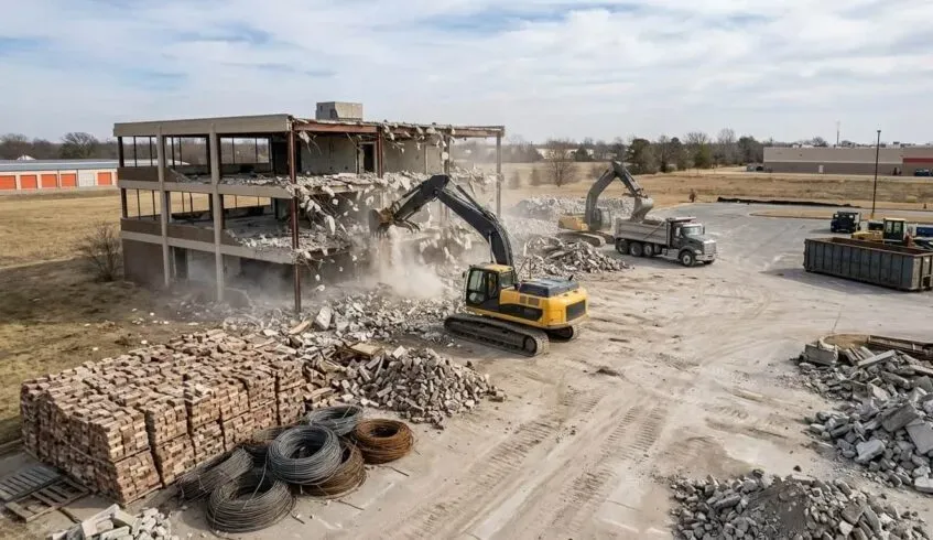 Commercial building demolition site with heavy equipment