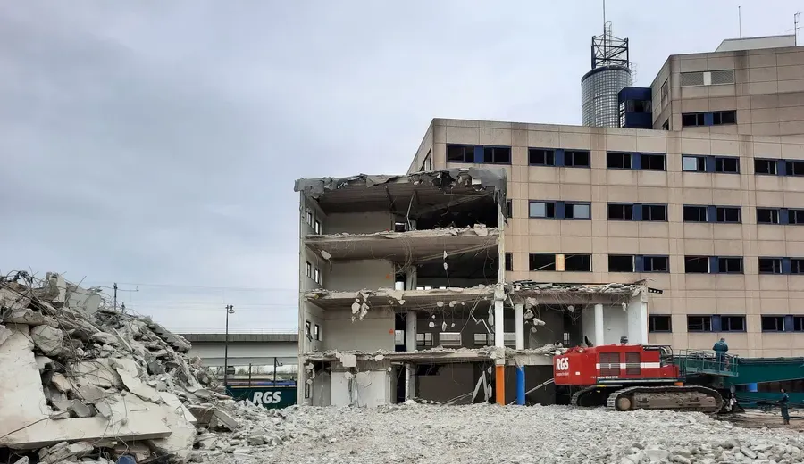 Broken concrete and rubble at a partial demolition