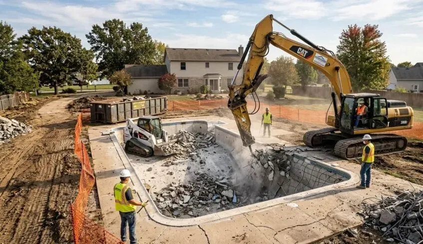 Inground pool being broken out during a pool demolition